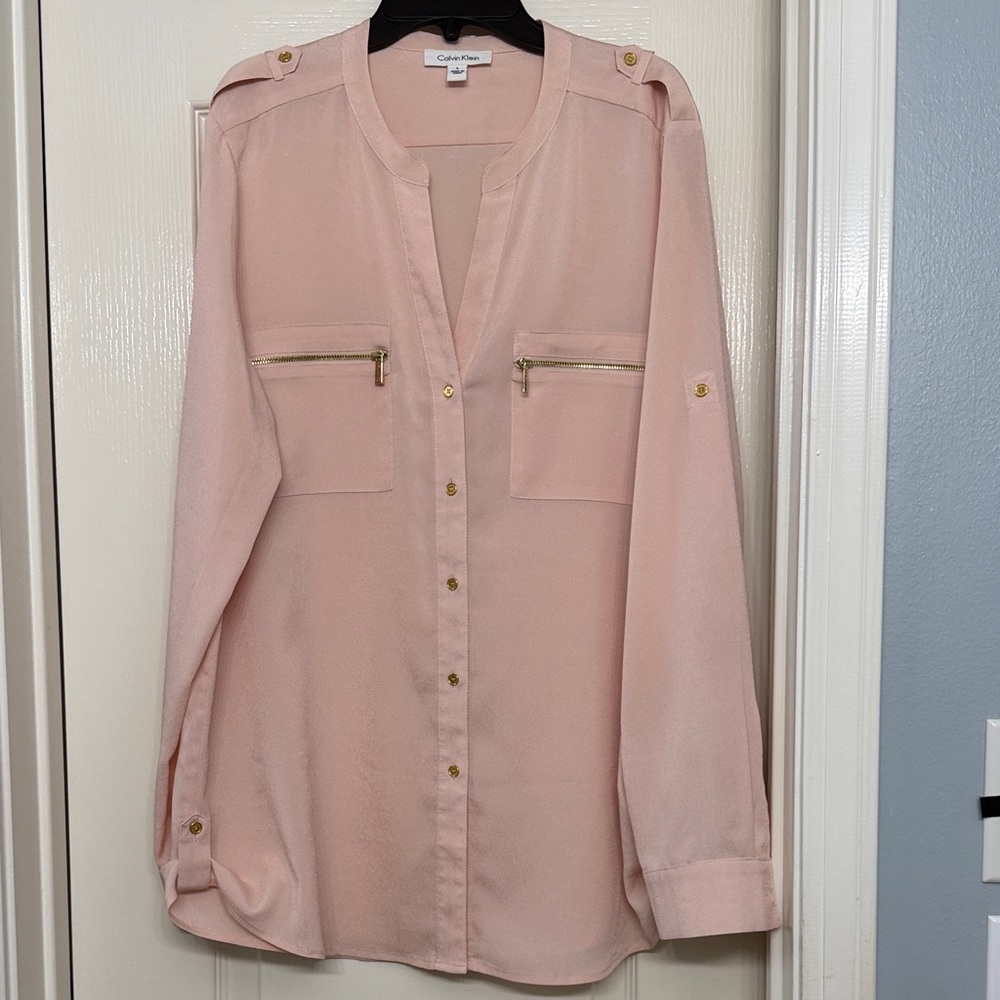 Calvin Klein Soft Blush Button-Front Shirt with Zip Pockets